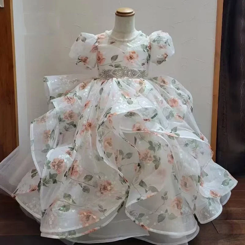 Ball Gown Short Sleeves Floor Length Flower Girl Party Dress with Rhinestone Sash Tunics Versatile functional Ball Gown Short Sleeves Floor Length Flower Girl Party Dress with Rhinestone Sash Tunics Versatile functional