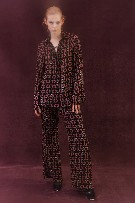 Amy Silk Pants | Khaki & Geometric Cozy Jogger Leggings