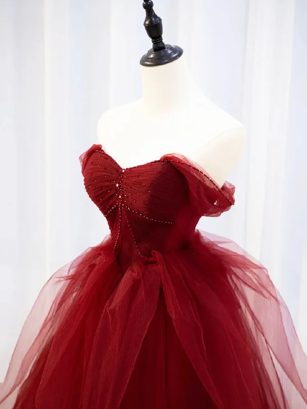 Burgundy Sweetheart Tulle Long Prom Dress with Beaded, Burgundy Party Dress Boat Neckline Classic Burgundy Sweetheart Tulle Long Prom Dress with Beaded, Burgundy Party Dress Boat Neckline Classic