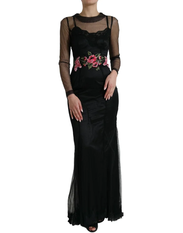 Dolce & Gabbana Floral Embroidery Tulle Long Evening Dress Tunics Stylish elegant
