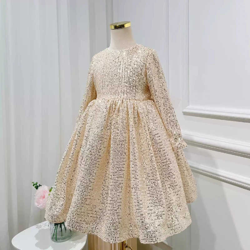 Round Neck Long Sleeves Floor Length Sequins Flower Girl Party Dress with Sash Tunics Sophisticated sleek Round Neck Long Sleeves Floor Length Sequins Flower Girl Party Dress with Sash Tunics Sophisticated sleek