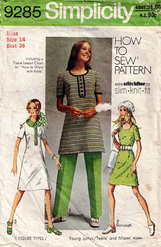 Simplicity 9285 Womens Stretch Knit Dress Tunic & Pants 1970s Vintage Sewing Pattern Size 14 Bust 36 inches Comfortable Fleece Pants
