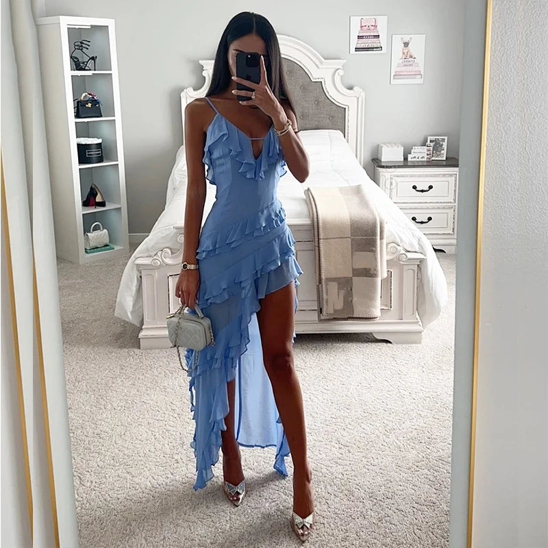 Elegant High Split Layered Dress V-neck Ruffle Irregular Party Dress Sleeveless Holiday Slim Beach Dress Tunics Recommended stylist Elegant High Split Layered Dress V-neck Ruffle Irregular Party Dress Sleeveless Holiday Slim Beach Dress Tunics Recommended stylist