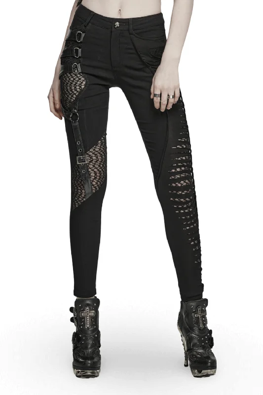 Black Punk Asymmetric Pants with Mesh Detailing Fashionable Work Pants