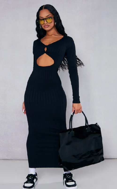 Black Structured Contour Wide Rib Button Down Midaxi Dress A-Line Day Work