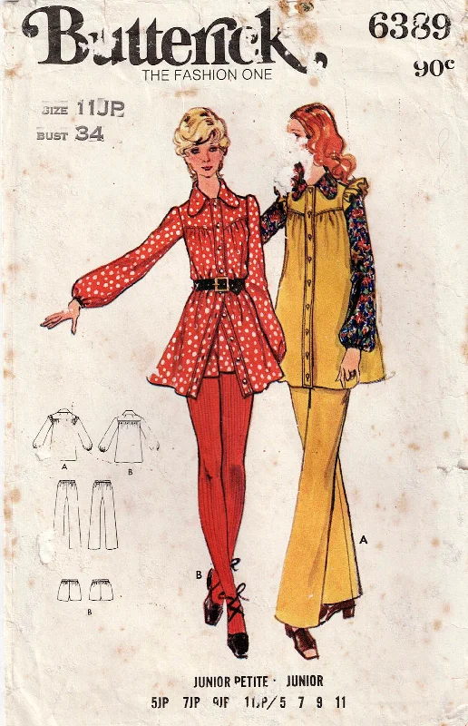 Butterick 6389 Junior Petite Womens Mini Smock Dress Pants & Shorts 1970s Vintage Sewing Pattern Size 11 JP Bust 34 inches Cozy Maternity Pants