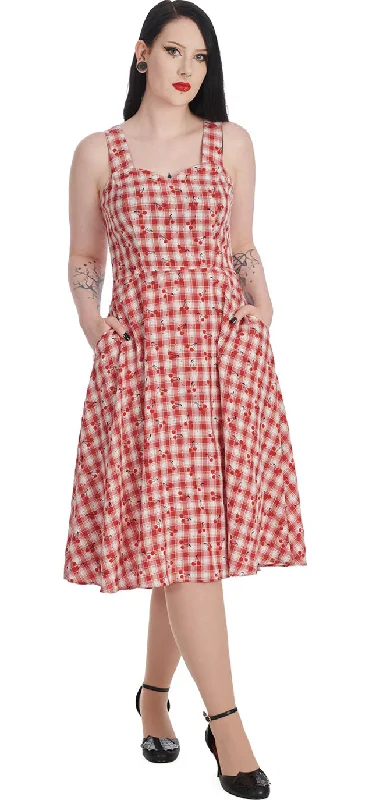 Sweet Cherry Gingham Dress in Red Crew Neckline Casual