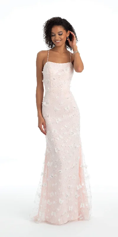 Mesh 3D Butterfly Lace Up Back Trumpet Dress Tunics Versatile functional