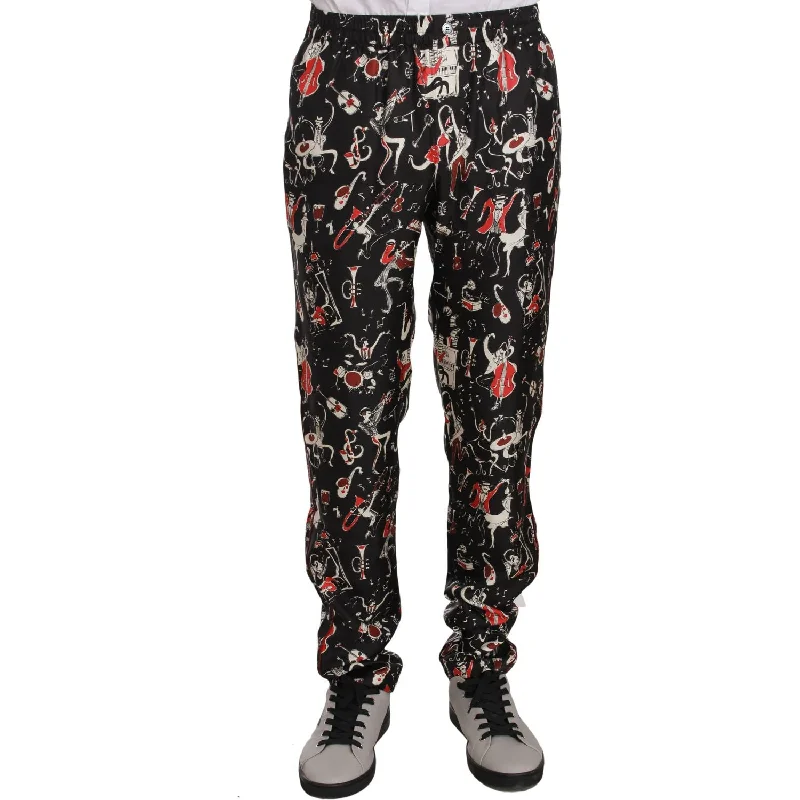 Dolce & Gabbana Elegant Black Silk Lounge Pants with Red Print Classic Straight Pants