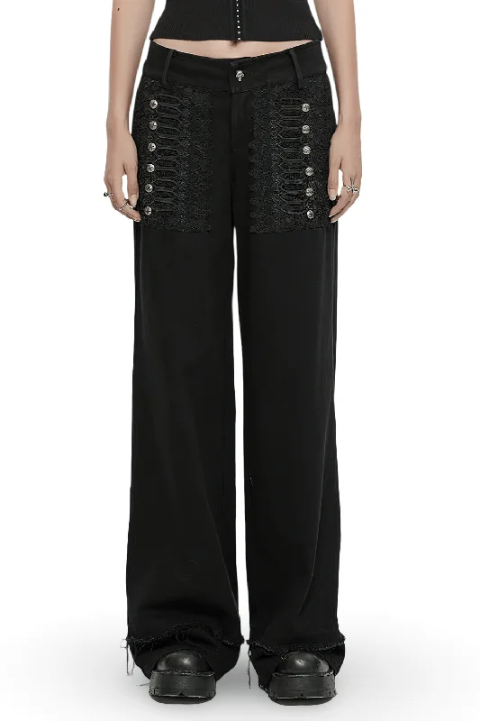 Gothic Lace and Rivet Embellished Denim Pants Chic Faux Leather Pants
