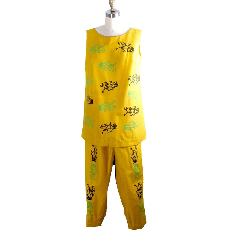 Vintage Tummey Hand Block Printed 1970s Pantsuit Yellow Tunic & Slacks S/M Soft Stretch Trousers Vintage Tummey Hand Block Printed 1970s Pantsuit Yellow Tunic & Slacks S/M Soft Stretch Trousers