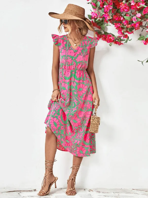 Long Party Dress Ladies V Neck Ruffle Bohemian Tunics Silk luxurious
