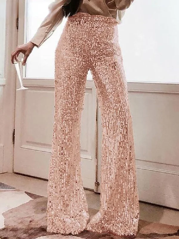 Solid Color High Waist Sequins Decor Bell Bottomed Pants Casual Plaid Pants