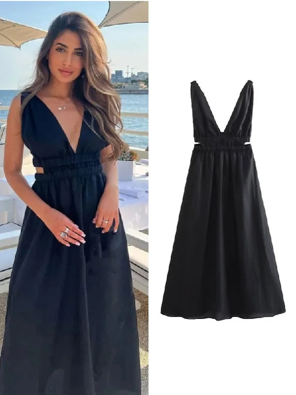 Women Solid Hollow Out Midi Camisole Dresses Summer Elegant Casual Deep V-Neck Backless A-line Party Dress Tunics Sophisticated sleek Women Solid Hollow Out Midi Camisole Dresses Summer Elegant Casual Deep V-Neck Backless A-line Party Dress Tunics Sophisticated sleek