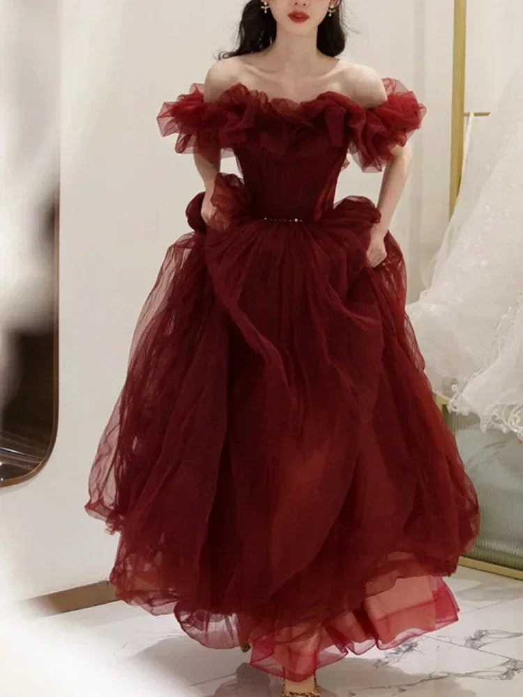 A Word Shoulder Fairy Red Boat Neck Evening Dresses Elegant Slim Waist Long Temperament Prom Robe Niche Wedding Party Dress Tunics Mesh breathable A Word Shoulder Fairy Red Boat Neck Evening Dresses Elegant Slim Waist Long Temperament Prom Robe Niche Wedding Party Dress Tunics Mesh breathable