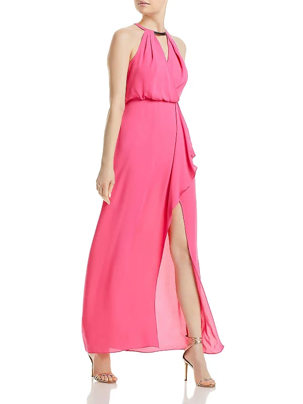 Womens Halter Cascade Ruffle Evening Dress Tunics Leisure comfortable