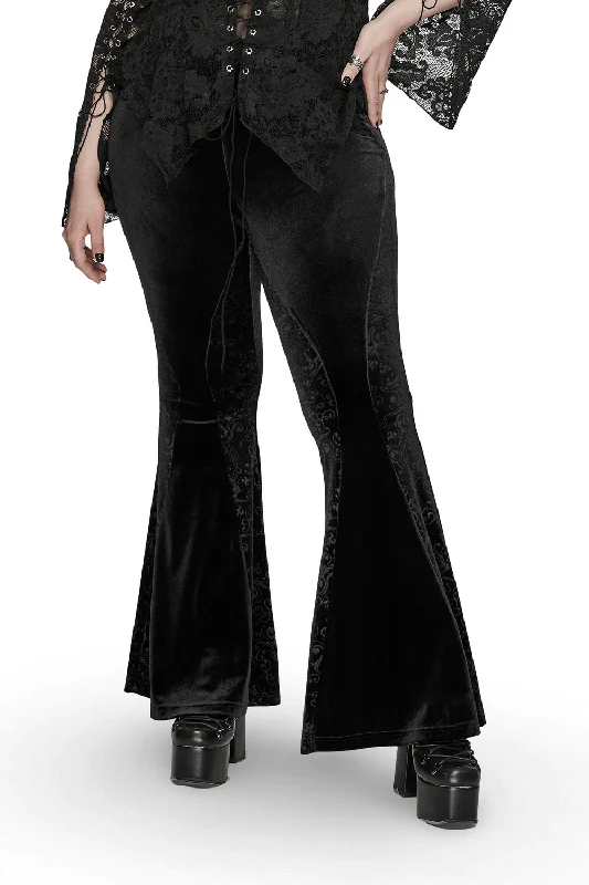 Black Gothic Velvet Flared Pants with Embossed Detailing Trendy Printed Leggings