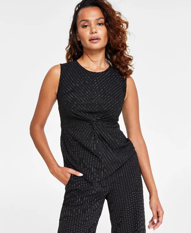 Women's Pinstripe Notched-Collar One-Button Blazer, Pinstripe Sleeveless Twist-Front Top, and High-Rise Wide-Leg Pinstripe Pants Cozy Lounge Pants