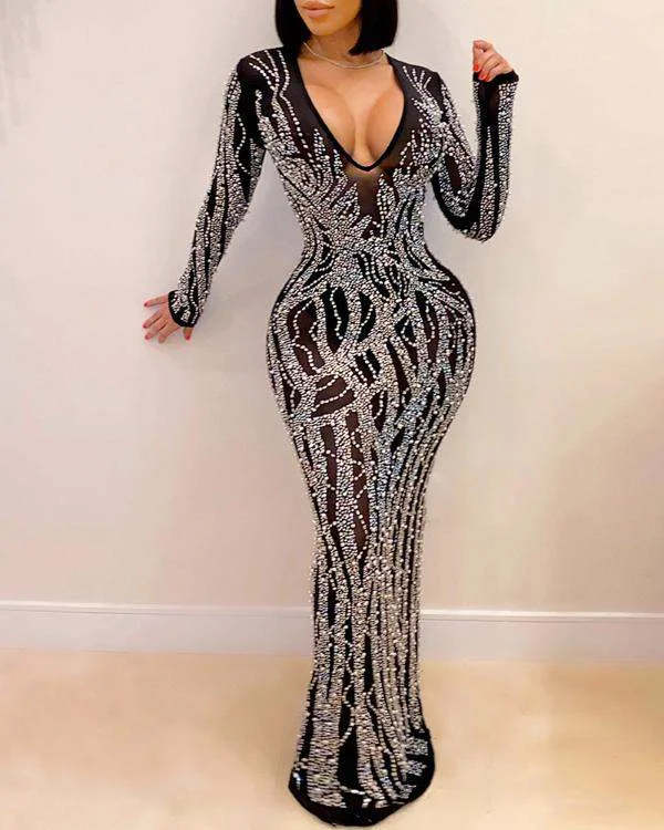 High Slit Studded Sheer Mesh Party Dress Tunics Trousers formal