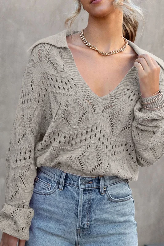 Blue Zone Planet | Hollow Out Johnny Collar Sweater Welt Pockets Slit Pockets Flap Pockets Blue Zone Planet | Hollow Out Johnny Collar Sweater Welt Pockets Slit Pockets Flap Pockets