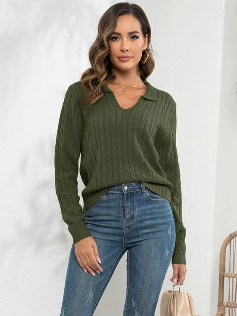 Johnny Collar Cable-Knit Long Sleeve Sweater Herringbone Houndstooth Plaid