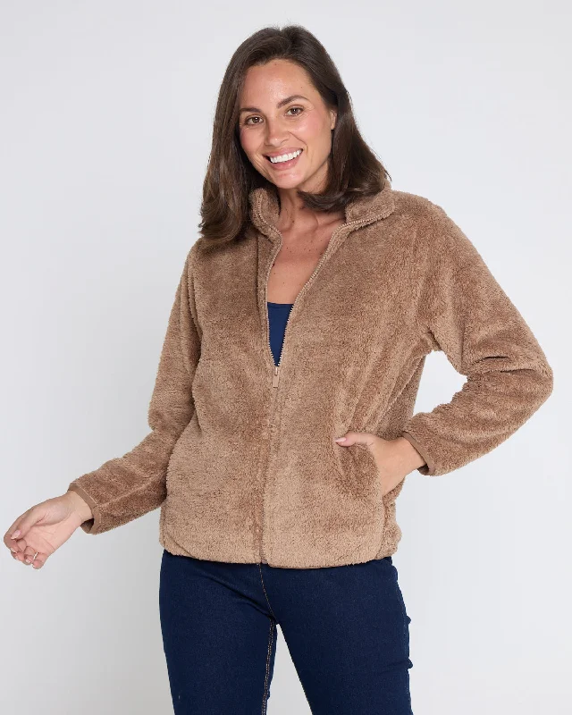 Harlow Fluffy Zip Jacket - Camel Appliqued Jacket Beaded Jacket Sequined Jacket
