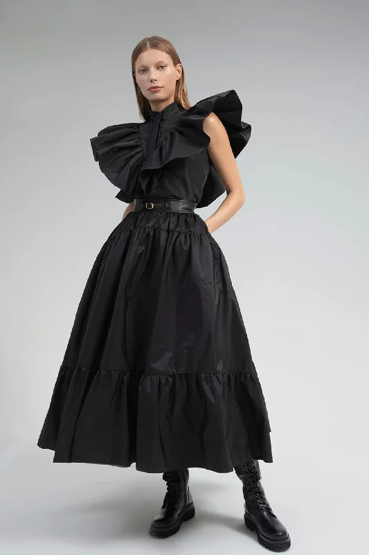 Closed neck taffeta top and skirt leather skirt sleek