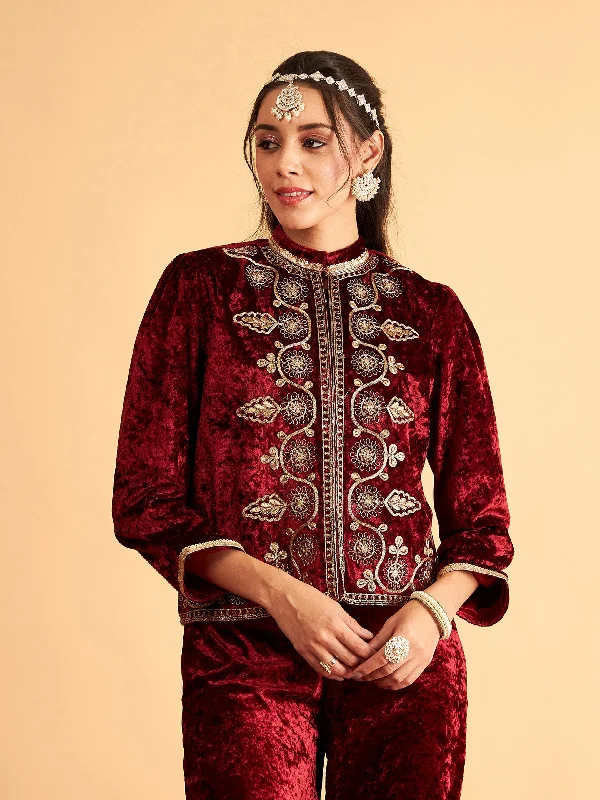 Women Maroon Velvet Front Embroidered Jacket Lace Jacket Ribbed Jacket Sequined Jacket Women Maroon Velvet Front Embroidered Jacket Lace Jacket Ribbed Jacket Sequined Jacket