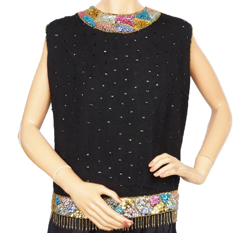 Vintage 1960s Sweater Shell Top Multi Colour Sequin Trim Knit Wool by Heftco L Thin Thick Dense Vintage 1960s Sweater Shell Top Multi Colour Sequin Trim Knit Wool by Heftco L Thin Thick Dense