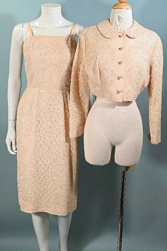 Vintage 50s Blush Pink Lace Dress + Jacket, 2 Piece Suit, Rhinestone Buttons S Embroidered Jacket Appliqued Jacket Beaded Jacket