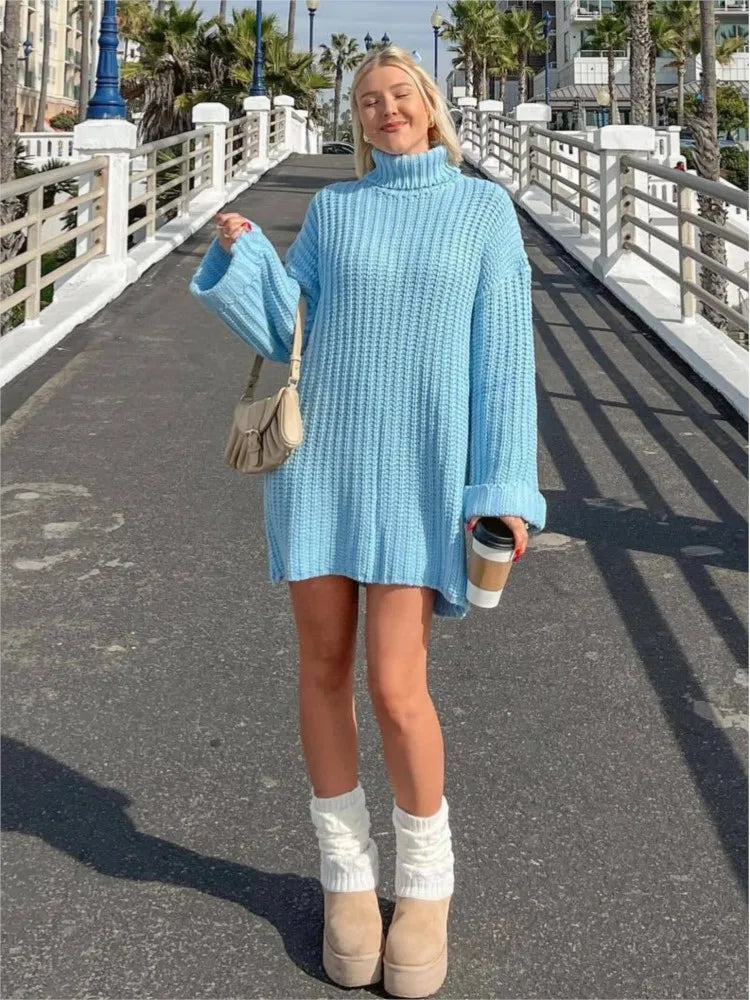 TAVIMART - 2025 Autumn Winter Blue Sweater Dress Fashion High Collar Knit Short Dress Loose Straight Solid Flare Sleeve Casual Women Dress Modern Contemporary Chic TAVIMART - 2025 Autumn Winter Blue Sweater Dress Fashion High Collar Knit Short Dress Loose Straight Solid Flare Sleeve Casual Women Dress Modern Contemporary Chic