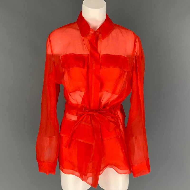 RALPH LAUREN Purple Label Size S Red See Through Silk Lightweight Belted Jacket Plaid Jacket Tartan Jacket Houndstooth Jacket RALPH LAUREN Purple Label Size S Red See Through Silk Lightweight Belted Jacket Plaid Jacket Tartan Jacket Houndstooth Jacket