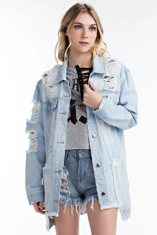 THE MYSTYLEMODE LIGHT WASH DISTRESSED DENIM OVERSIZED JEAN JACKET Chenille Jacket Brocade Jacket Lace Jacket THE MYSTYLEMODE LIGHT WASH DISTRESSED DENIM OVERSIZED JEAN JACKET Chenille Jacket Brocade Jacket Lace Jacket