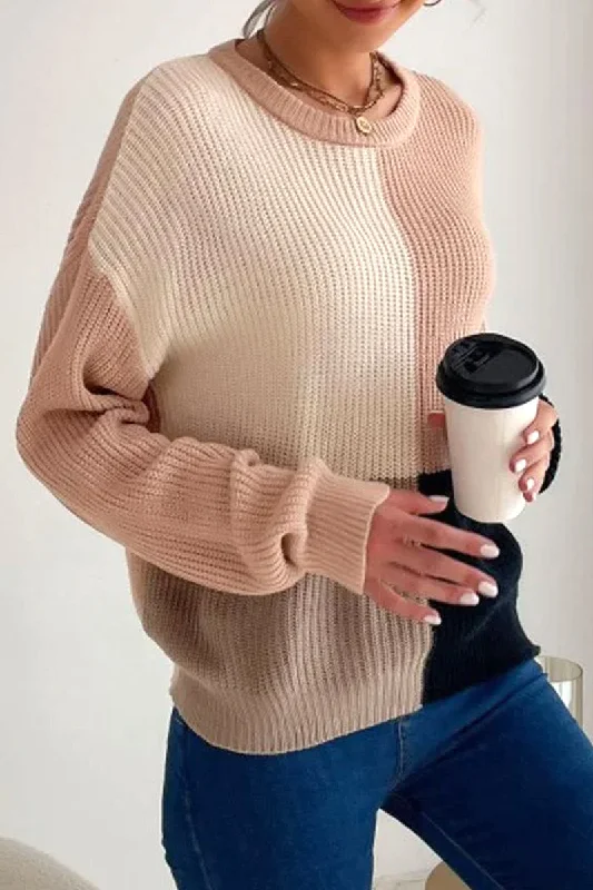 KNITTED COLOR BLOCK SIMPLE CASUAL SWEATER Tailored Straight A-Line