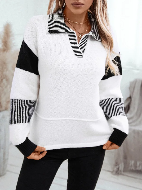 Blue Zone Planet | Striped Johnny Collar Drop Shoulder Sweater Collared Crew Neck Turtle Neck Blue Zone Planet | Striped Johnny Collar Drop Shoulder Sweater Collared Crew Neck Turtle Neck