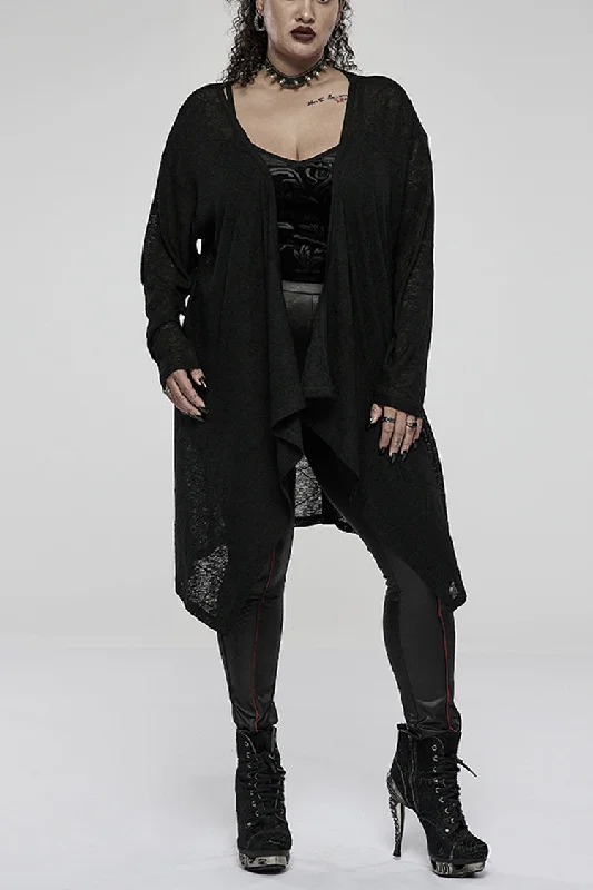 Black Soft Knitting Mottled Texture Asymmetric Hem Skull Decal On The Back Women's Plus Size Gothic Jacket Denim Fabric Leather Fabric Suede Fabric Black Soft Knitting Mottled Texture Asymmetric Hem Skull Decal On The Back Women's Plus Size Gothic Jacket Denim Fabric Leather Fabric Suede Fabric