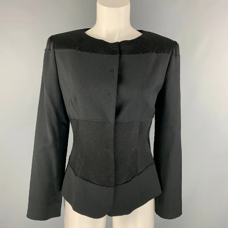 ALBERTA FERRETTI Size 8 Black Rayon Blend Hidden Snaps Jacket Print Jacket Jacquard Jacket Patchwork Jacket ALBERTA FERRETTI Size 8 Black Rayon Blend Hidden Snaps Jacket Print Jacket Jacquard Jacket Patchwork Jacket