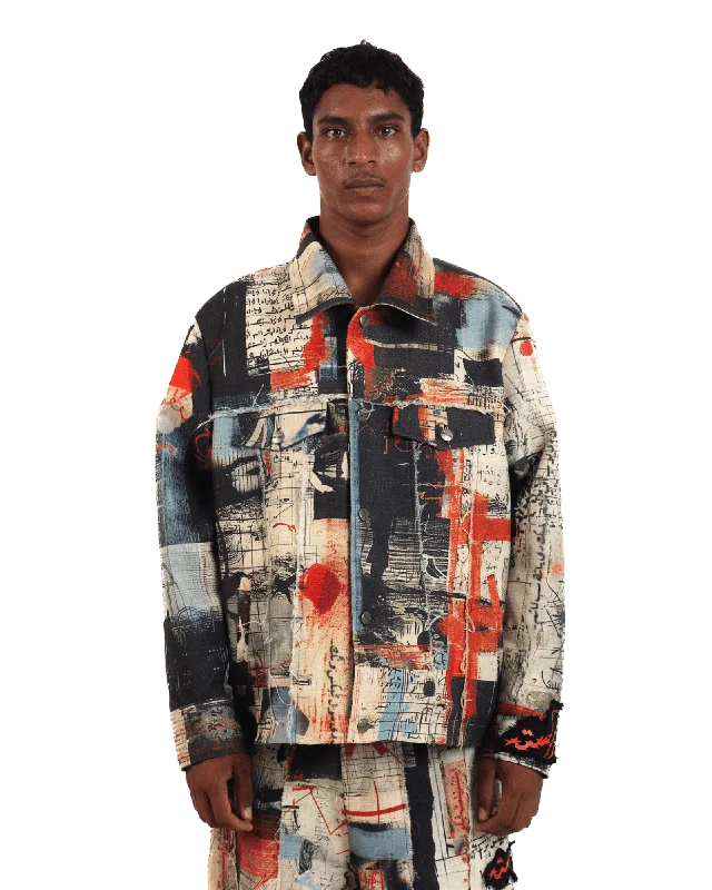 "Ethereal Loop" Abstract Printed Coach Jacket Boat Neck Shawl Collar Notched Collar