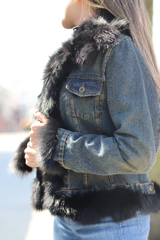 Denim Jacket with Fox Fur Trim - Natural/Black Faux Fur Jacket Real Fur Jacket Shearling Jacket Denim Jacket with Fox Fur Trim - Natural/Black Faux Fur Jacket Real Fur Jacket Shearling Jacket