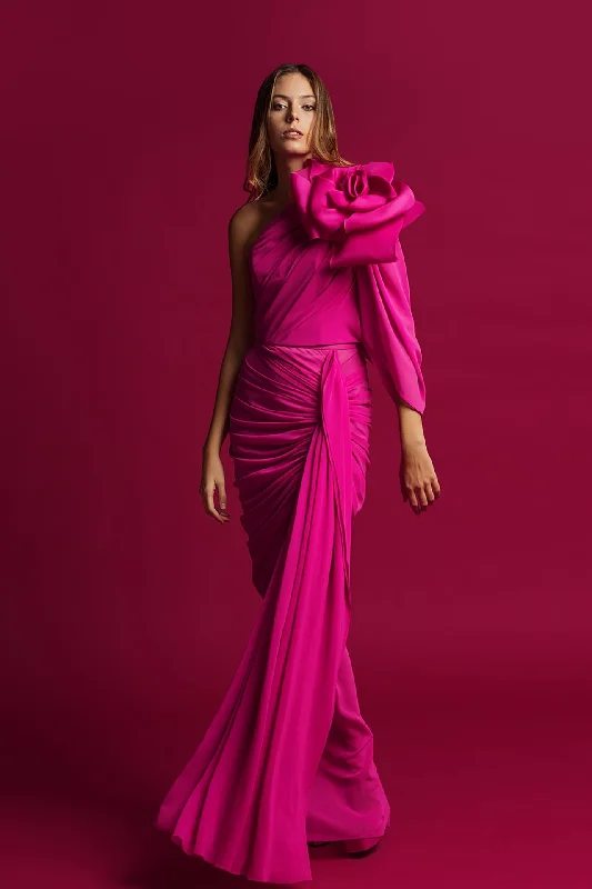 Flower on shoulder one sleeve top featuring side draped skirt lace skirt romantic