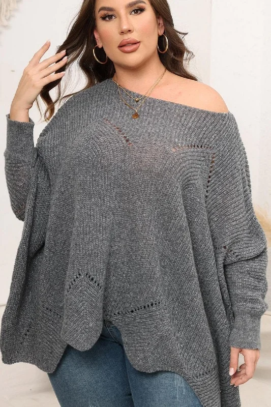 WOMEN PLUS SIZE BAT WING SLEEVE LOOSE FIT SWEATER Transparent Opaque Sheer