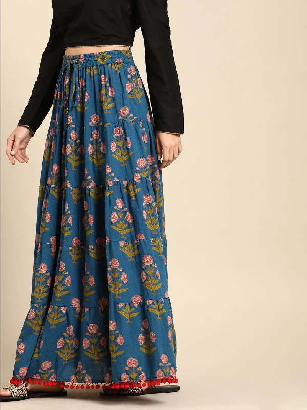 Varanga Blue & Red Printed Tiered Skirt With Pom Pom Detailing chiffon skirt floaty
