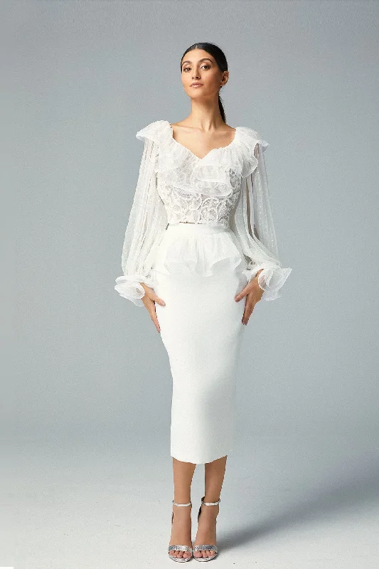 Ruffled neckline top with midi skirt lace skirt intricate