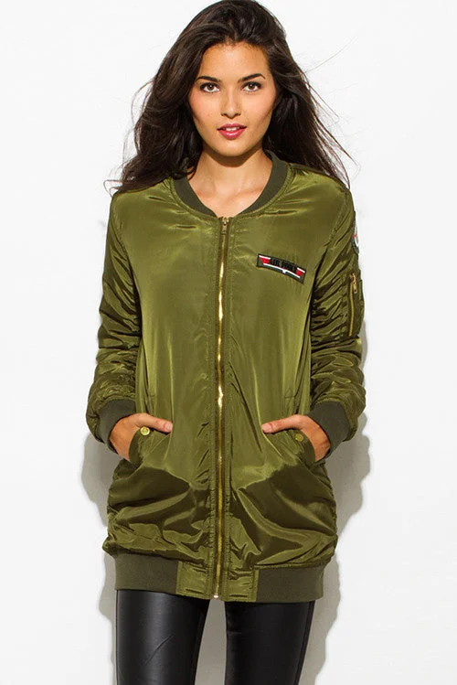 OLIVE GREEN MILITARY POCKETED PATCH EMBROIDERED PUFF BOMBER COAT JACKET Snapped Jacket Toggled Jacket Drawstring Jacket OLIVE GREEN MILITARY POCKETED PATCH EMBROIDERED PUFF BOMBER COAT JACKET Snapped Jacket Toggled Jacket Drawstring Jacket