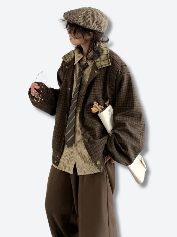 Vintage Plaid Jacket Hoodie Zip-Up Jacket Button-Up Jacket
