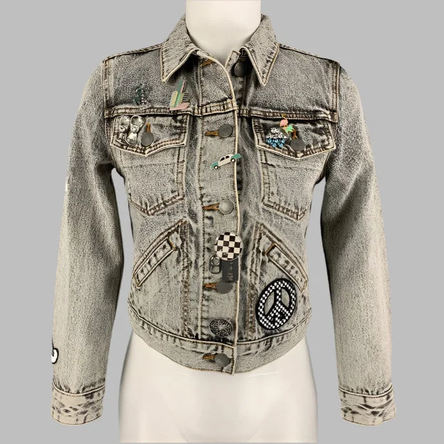 MARC JACOBS Size XS Black Acid-Wash Denim Paradise Cropped Jacket Ribbed Jacket Pleated Jacket Ruffled Jacket MARC JACOBS Size XS Black Acid-Wash Denim Paradise Cropped Jacket Ribbed Jacket Pleated Jacket Ruffled Jacket
