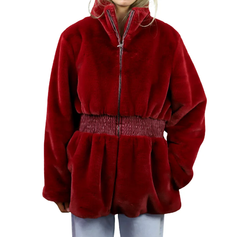 Plush Faux Fur Cinched Waist Jacket - Wine Hoodie Zip-Up Jacket Button-Up Jacket