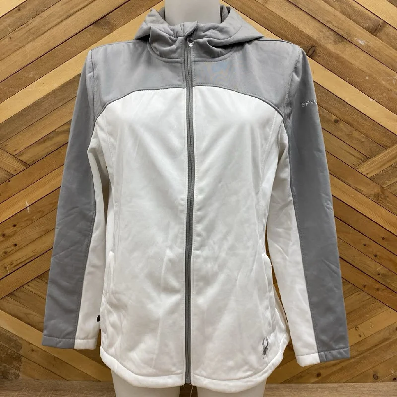 Spyder - Women's Hooded Softshell Jacket - MSRP comp $209: White/Grey-women-LG Stand-Up Collar Roll-Neck Collar Turtle Neck