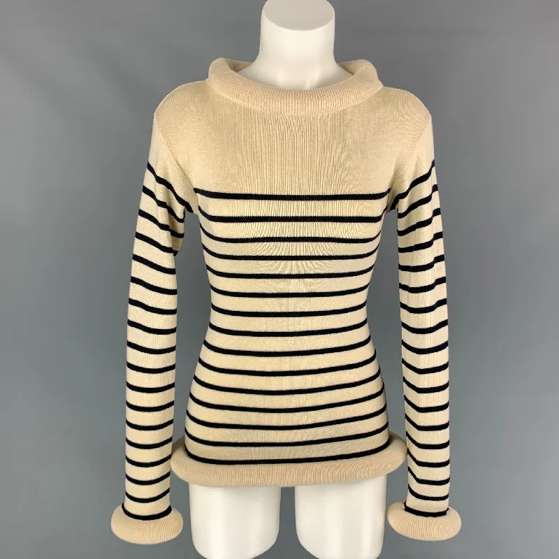 Vintage JEAN PAUL GAULTIER Size M Beige & Navy Stripe Wool / Cotton Tube Collar Cuffs Sweater Spandex Blend Rayon Blend Denim Blend Vintage JEAN PAUL GAULTIER Size M Beige & Navy Stripe Wool / Cotton Tube Collar Cuffs Sweater Spandex Blend Rayon Blend Denim Blend