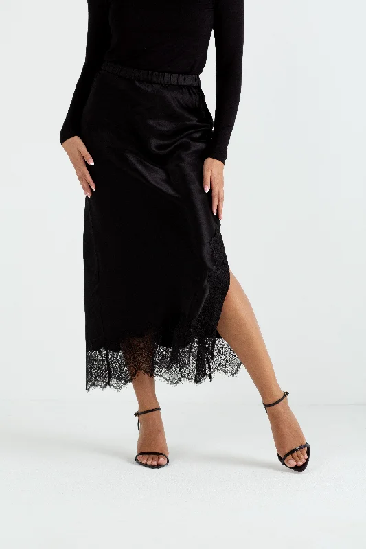 "The Orla" - Satin Lace Midi Skirt (Black) cotton skirt soft